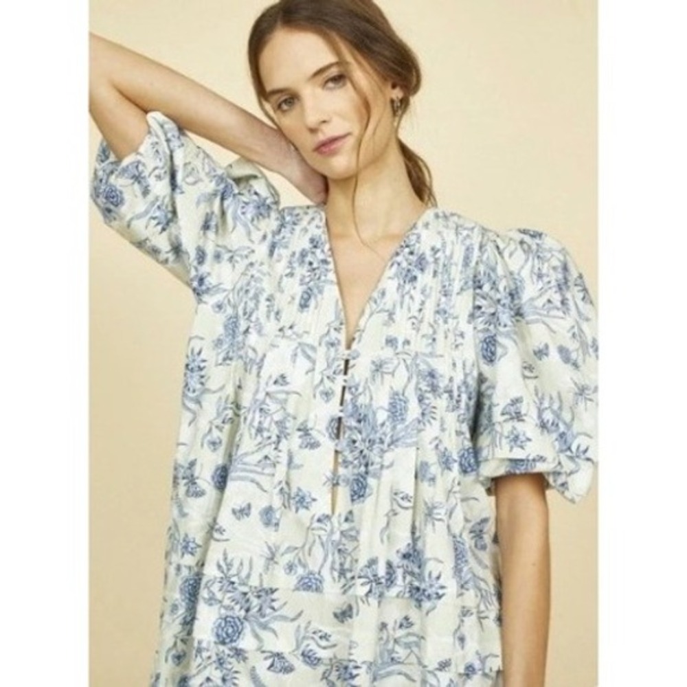 Hunter Bell Jenkins Gardenia Mini Dress Floral Blue and Beige Puff Sleeves Large - Picture 7 of 7